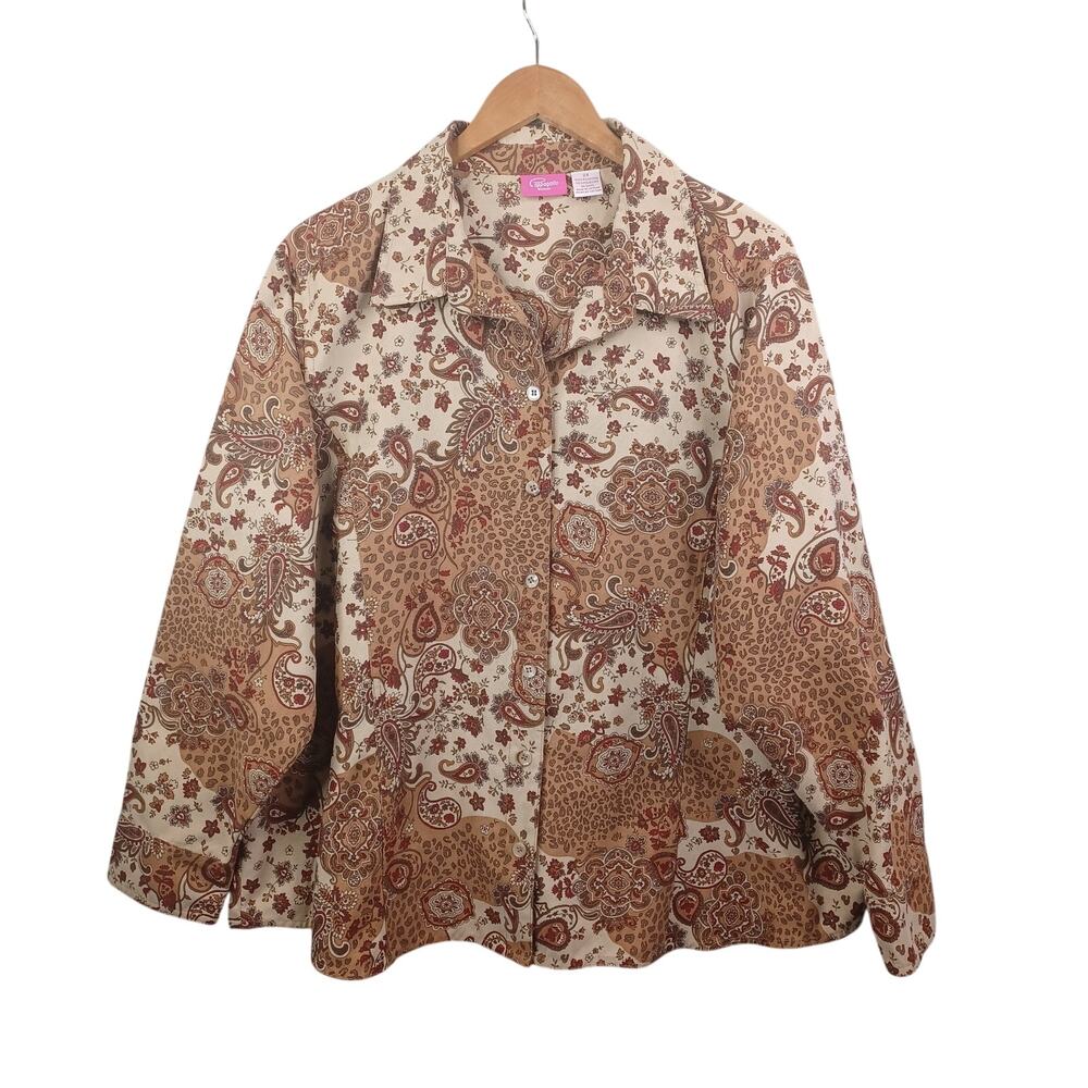 Cappagallo Women Button Up Blouse Size 2X Tan Boho Paisley Leopard Rustic Casual